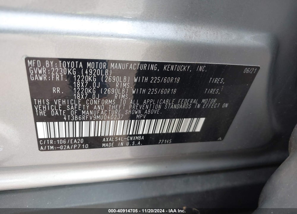 2021 TOYOTA RAV4 HYBRID XLE PREMIUM VIN: 4T3B6RFV9MU040237