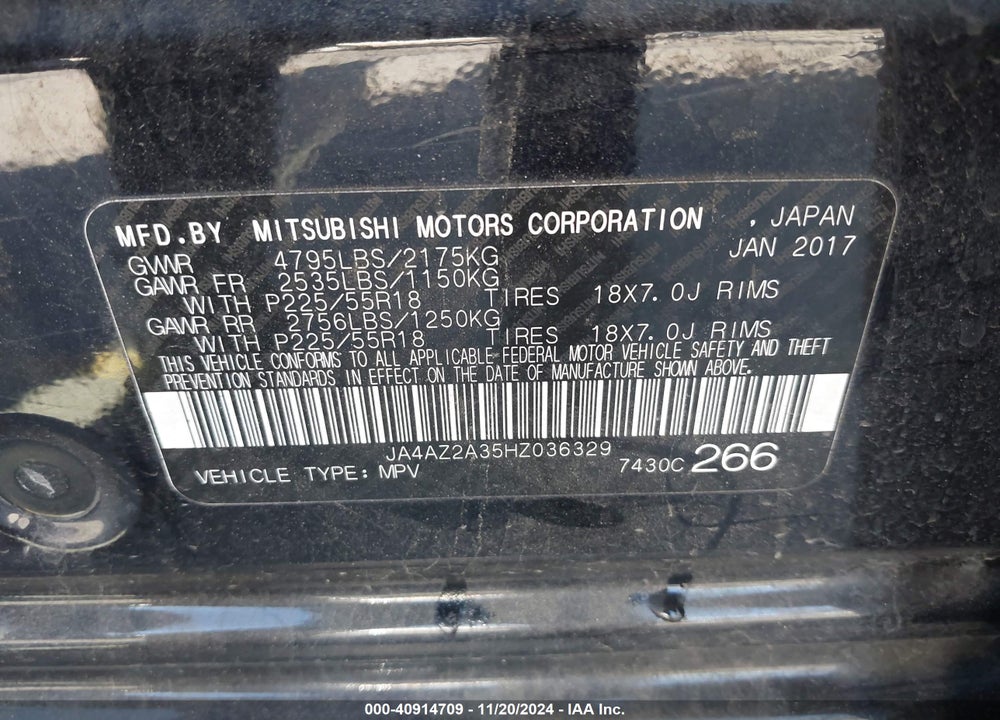 2017 MITSUBISHI OUTLANDER ES VIN: JA4AZ2A35HZ036329