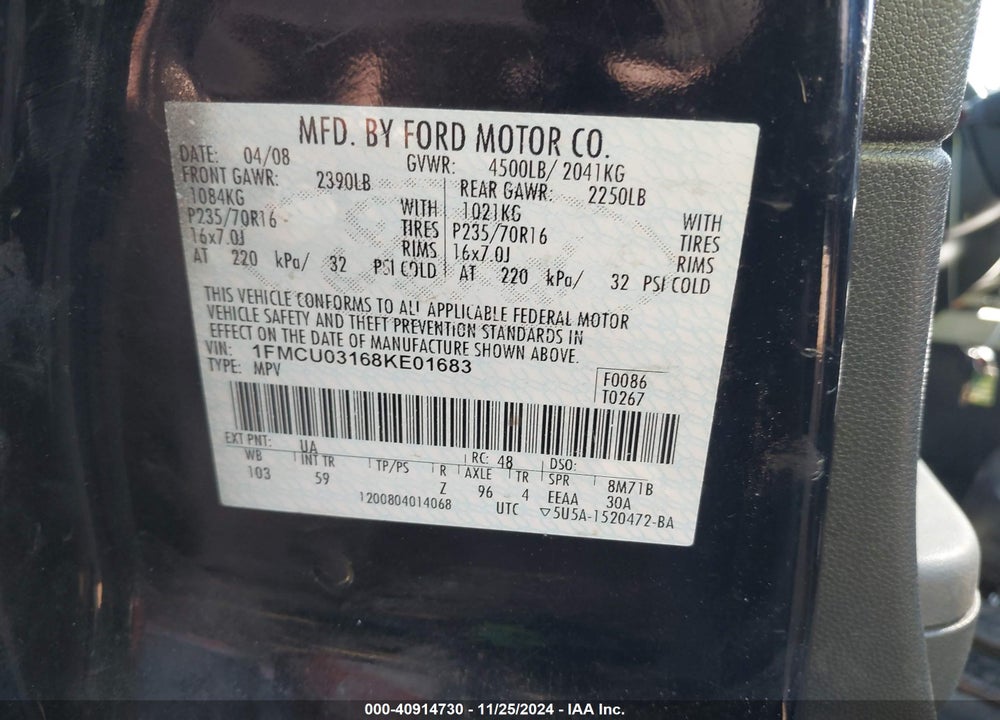 2008 FORD ESCAPE XLT VIN: 1FMCU03168KE01683