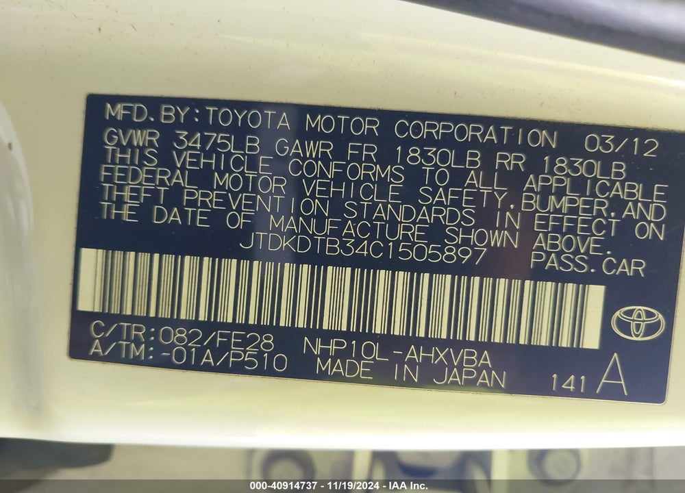 2012 TOYOTA PRIUS C ONE VIN: JTDKDTB34C1505897