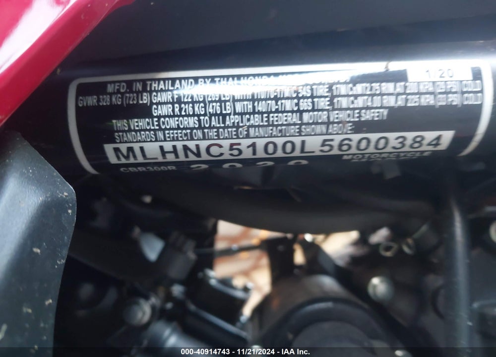 2020 HONDA CBR300 R VIN: MLHNC5100L5600384