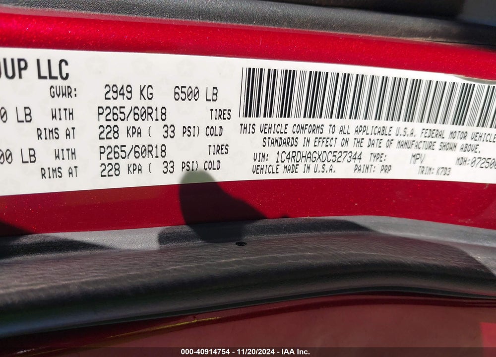 2013 DODGE DURANGO SXT VIN: 1C4RDHAGXDC527344
