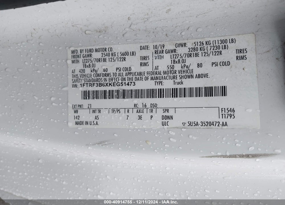 2019 FORD F-350 XL VIN: 1FTRF3B6XKEG51473