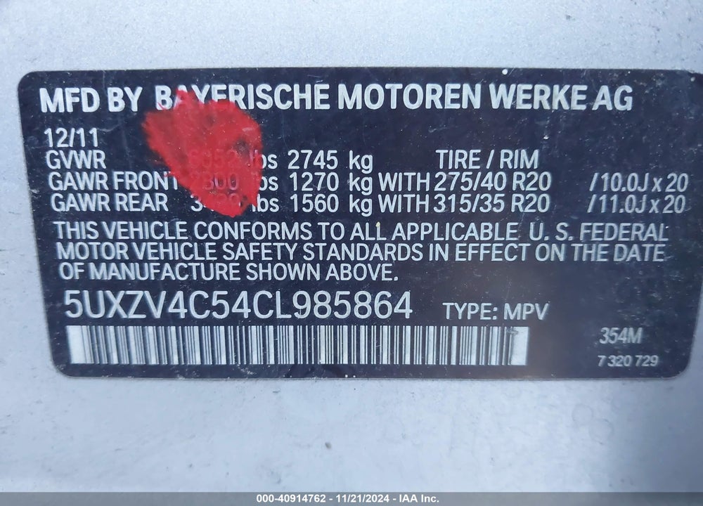 2012 BMW X5 XDRIVE35I/XDRIVE35I PREMIUM/XDRIVE35I SPORT ACTIVITY VIN: 5UXZV4C54CL985864