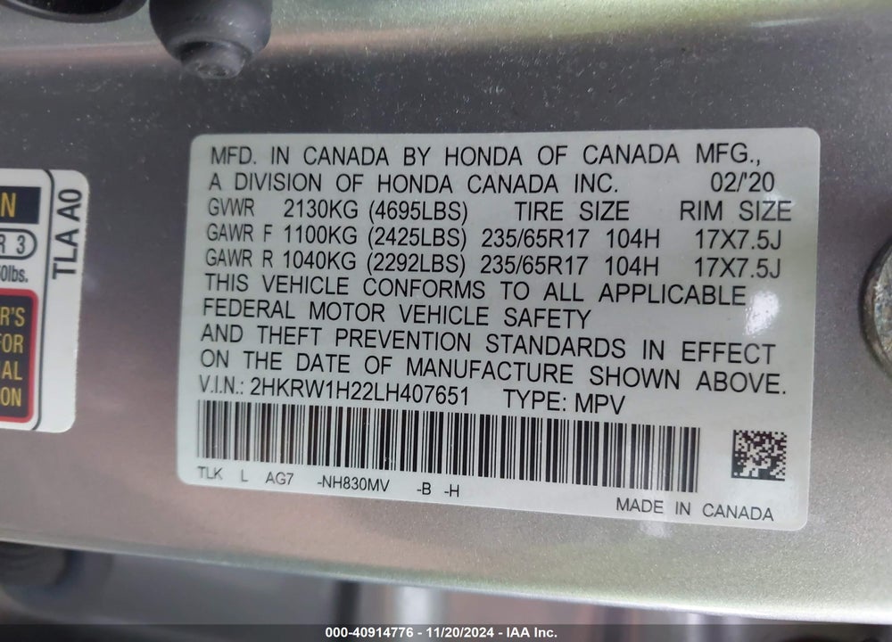 2020 HONDA CR-V 2WD LX VIN: 2HKRW1H22LH407651