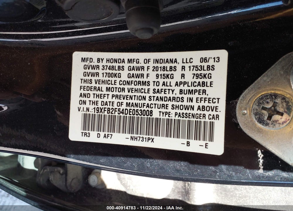 2013 HONDA CIVIC LX VIN: 19XFB2F54DE053008