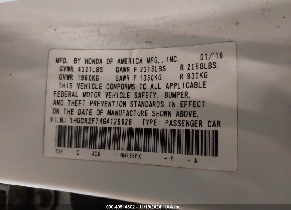 2016 HONDA ACCORD VIN: 1HGCR2F74GA125026