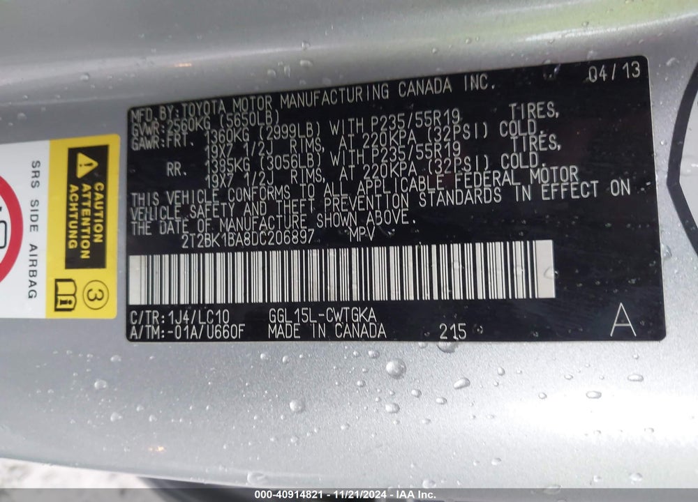 2013 LEXUS RX 350 VIN: 2T2BK1BA8DC206897