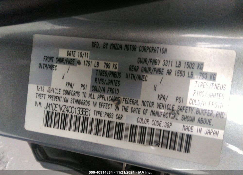 2012 MAZDA 2 SPORT VIN: JM1DE1KZ4C0133661