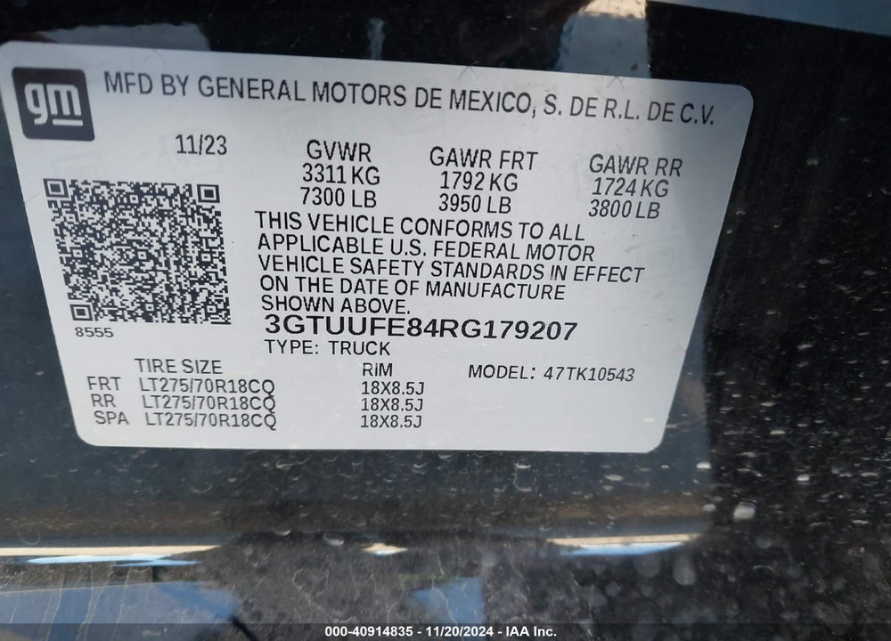 2024 GMC SIERRA 1500 VIN: 3GTUUFE84RG179207