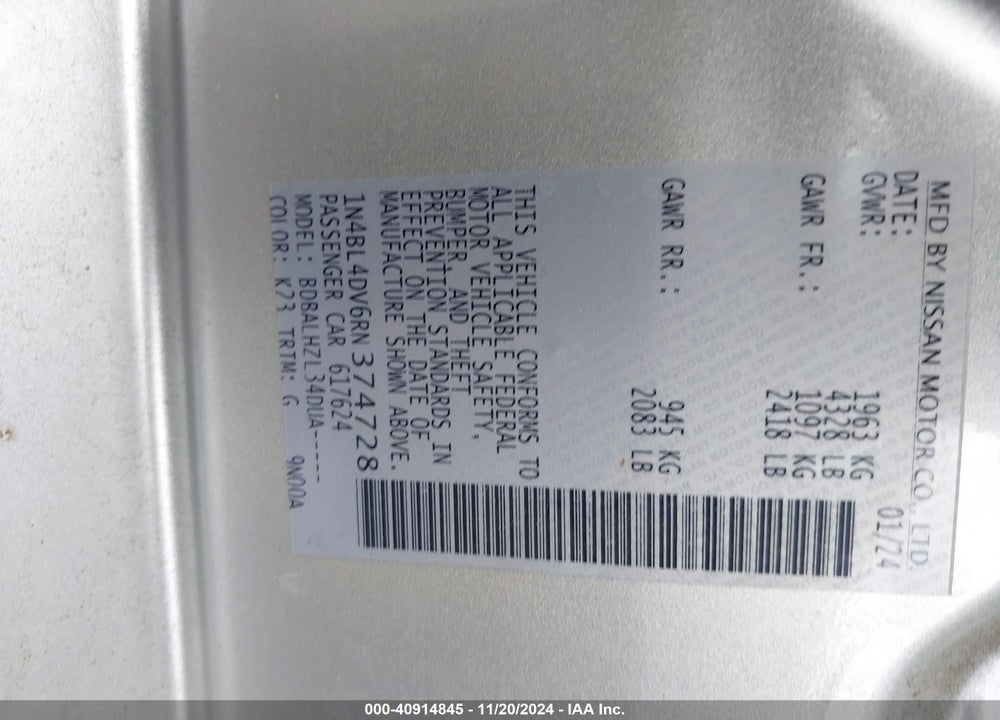 2024 NISSAN ALTIMA SV FWD VIN: 1N4BL4DV6RN374728