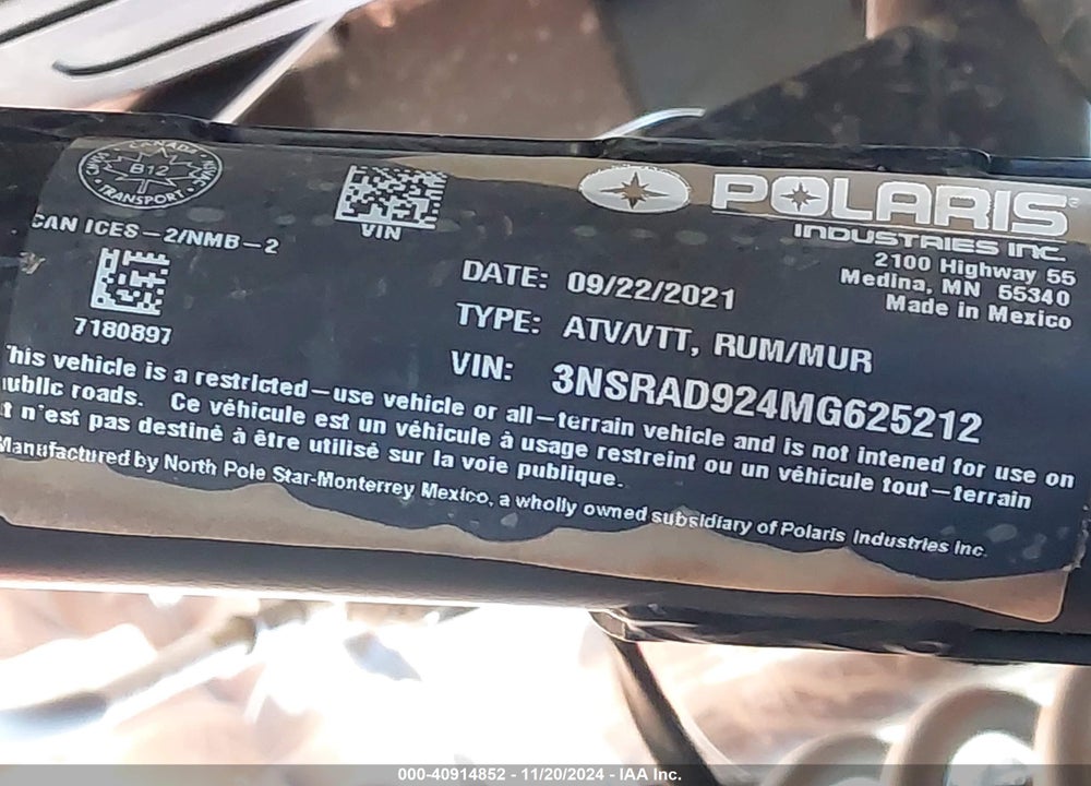 2021 POLARIS RZR PRO XP ULTIMATE VIN: 3NSRAD924MG625212