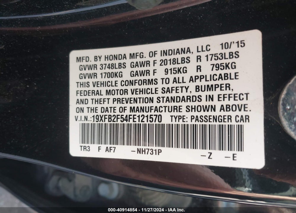 2015 HONDA CIVIC LX VIN: 19XFB2F54FE121570