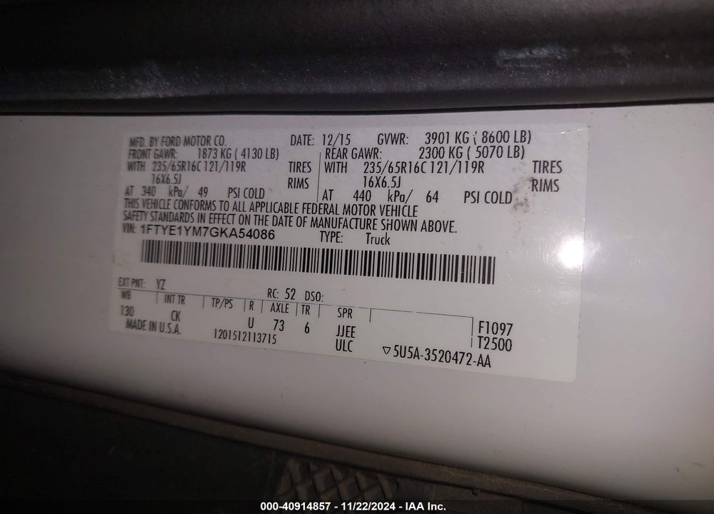 2016 FORD TRANSIT-150 VIN: 1FTYE1YM7GKA54086