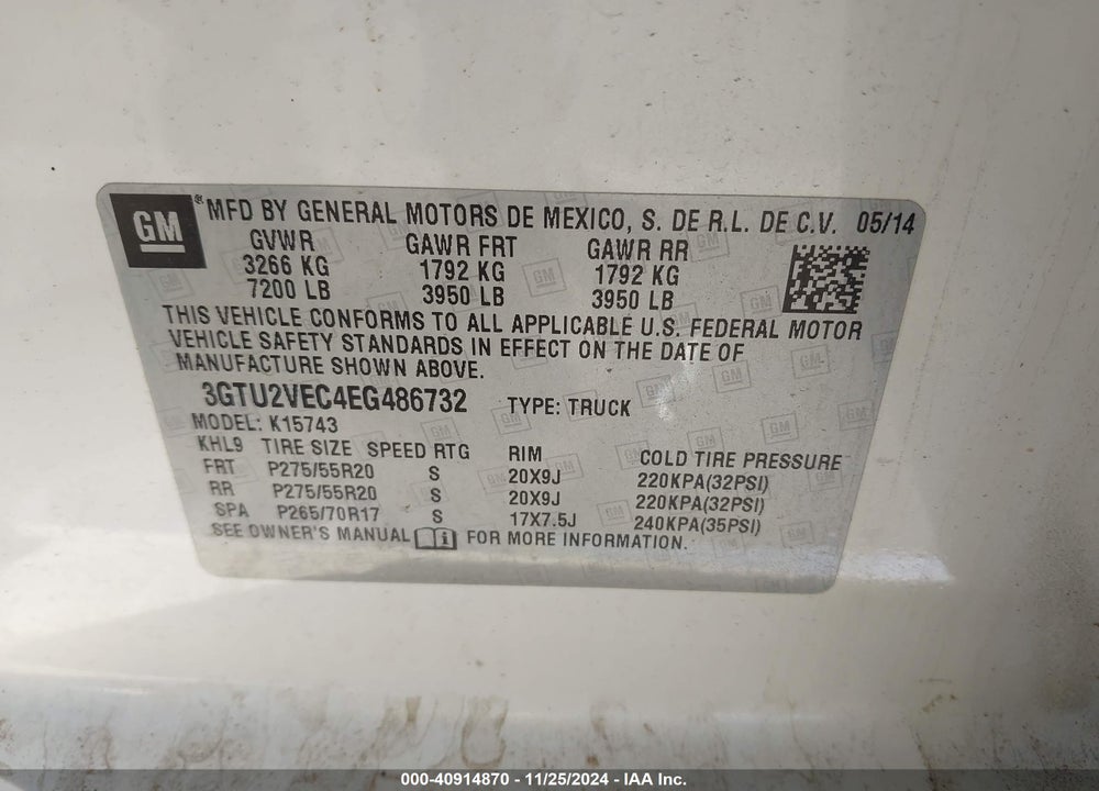 2014 GMC SIERRA 1500 SLT VIN: 3GTU2VEC4EG486732