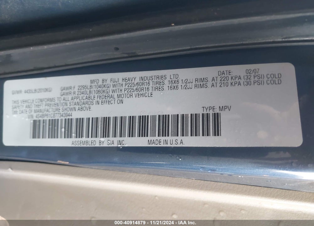 2007 SUBARU OUTBACK 2.5I/2.5I BASIC/2.5I L.L. BEAN EDITION VIN: 4S4BP61C877343944