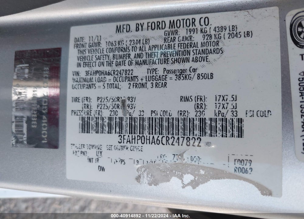 2012 FORD FUSION SE VIN: 3FAHP0HA6CR247822