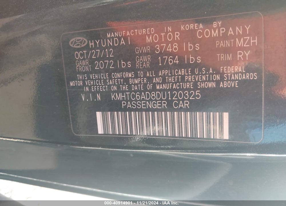 2013 HYUNDAI VELOSTER VIN: KMHTC6AD8DU120325