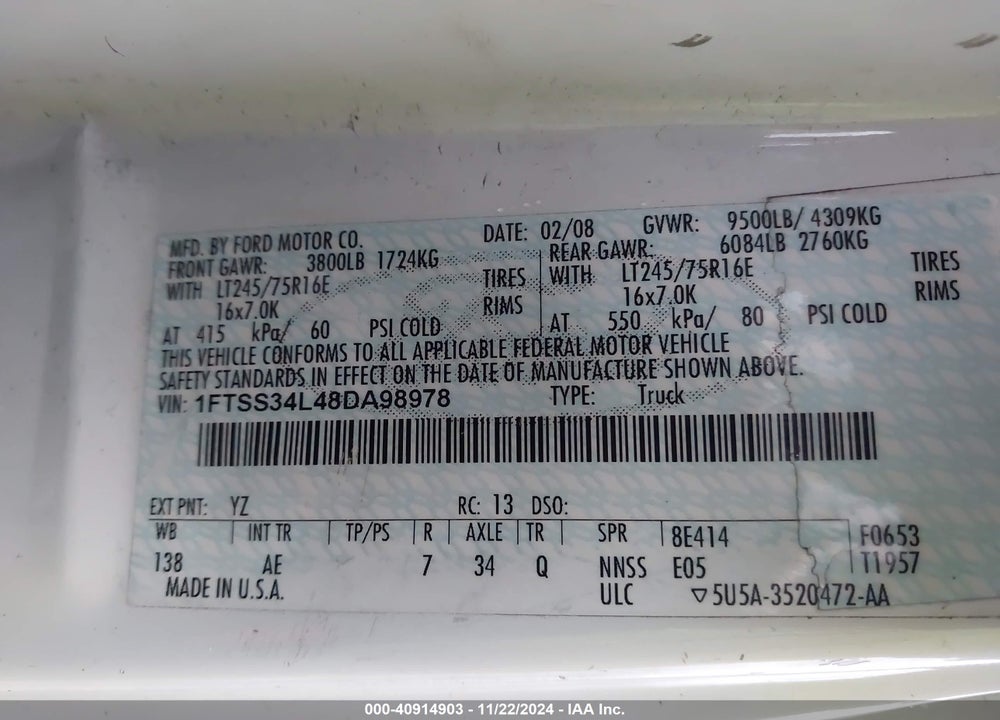 2008 FORD E-350 SUPER DUTY COMMERCIAL/RECREATIONAL VIN: 1FTSS34L48DA98978