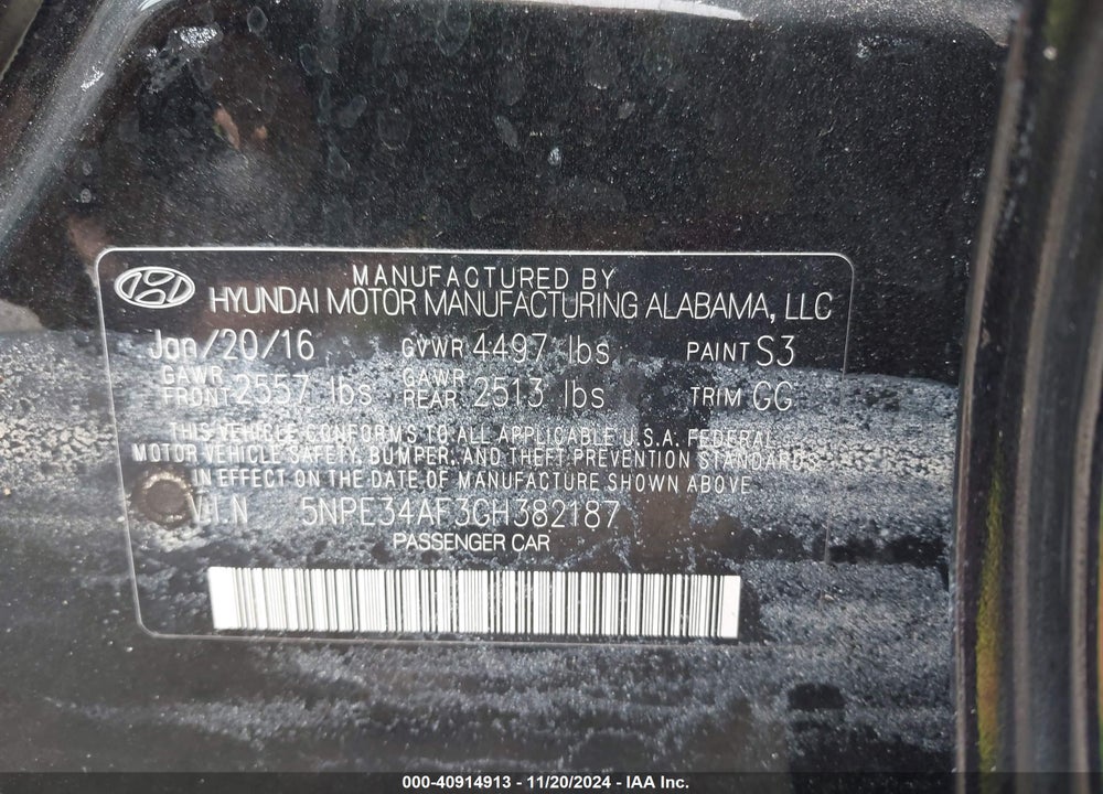 2016 HYUNDAI SONATA LIMITED VIN: 5NPE34AF3GH382187
