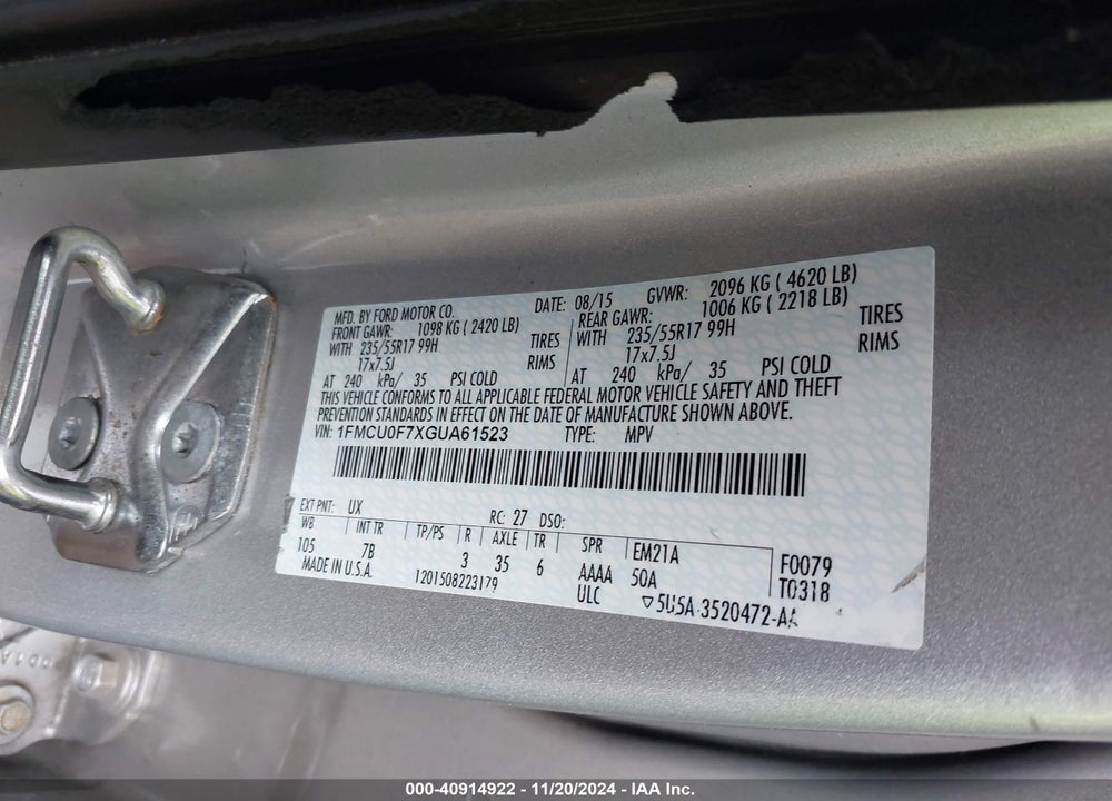 2016 FORD ESCAPE S VIN: 1FMCU0F7XGUA61523