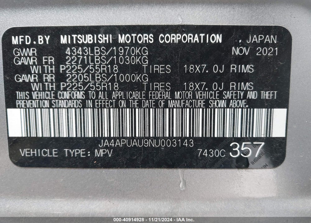 2022 MITSUBISHI OUTLANDER SPORT 2.0 LE 2WD VIN: JA4APUAU9NU003143