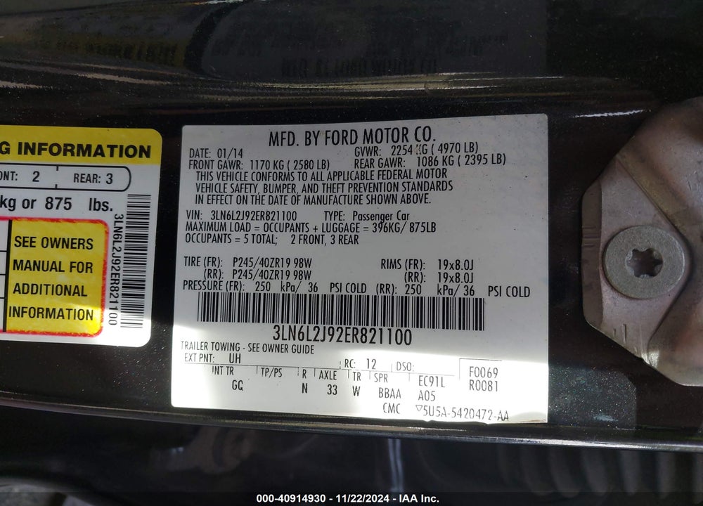 2014 LINCOLN MKZ VIN: 3LN6L2J92ER821100