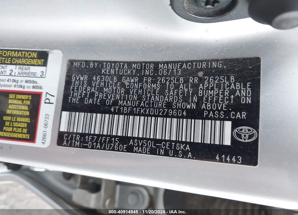 2013 TOYOTA CAMRY SE VIN: 4T1BF1FKXDU279604