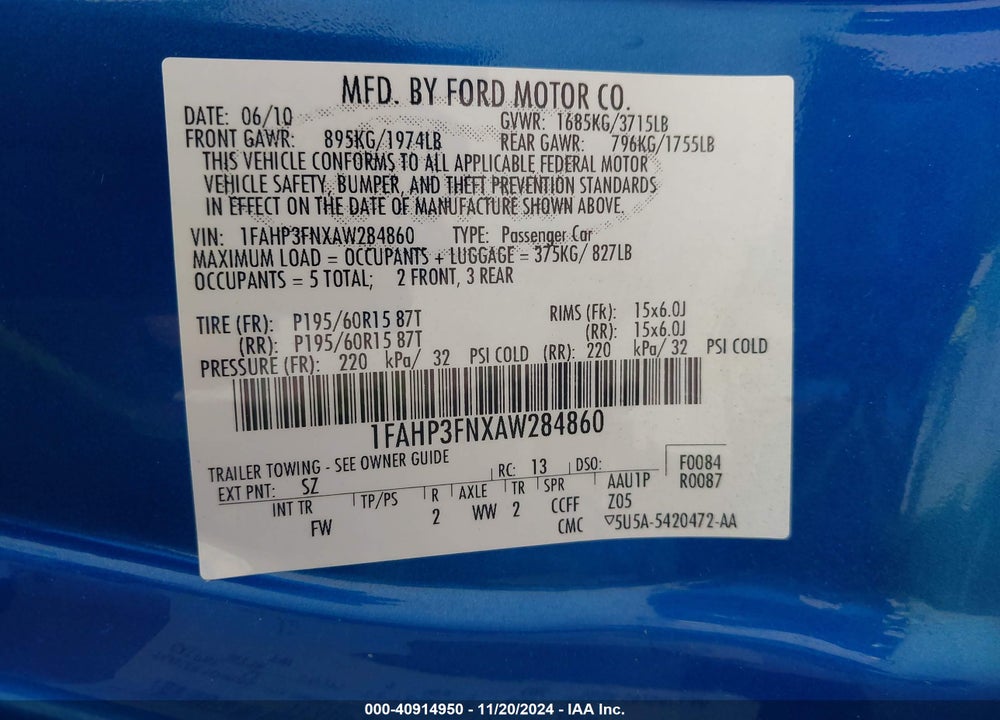 2010 FORD FOCUS SE VIN: 1FAHP3FNXAW284860