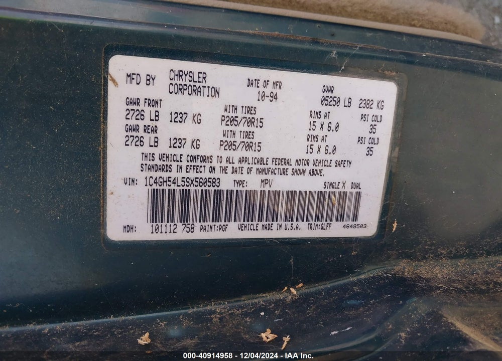 1995 CHRYSLER TOWN & COUNTRY VIN: 1C4GH54L5SX560583