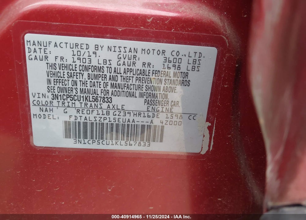 2019 NISSAN KICKS SV VIN: 3N1CP5CU1KL567833