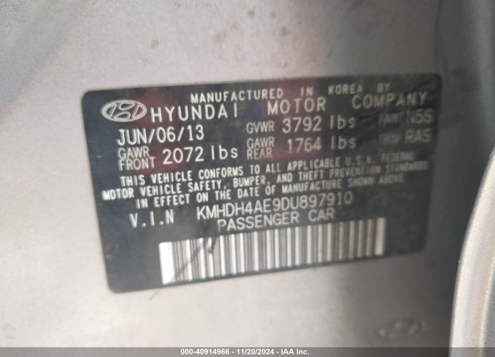 2013 HYUNDAI ELANTRA GLS VIN: KMHDH4AE9DU897910