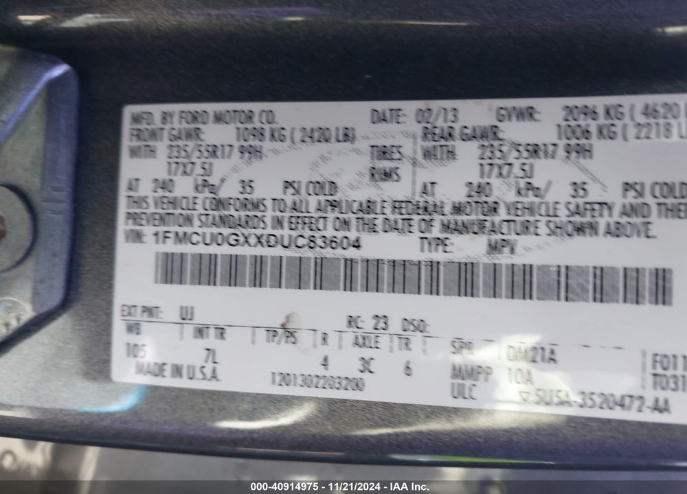 2013 FORD ESCAPE SE VIN: 1FMCU0GXXDUC83604