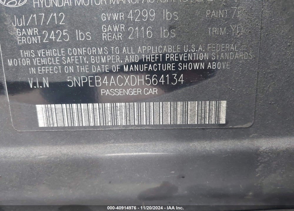 2013 HYUNDAI SONATA GLS VIN: 5NPEB4ACXDH564134