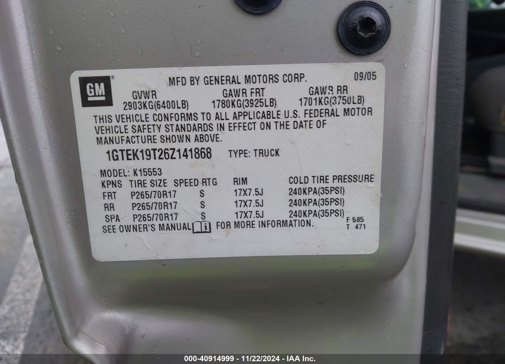 2006 GMC SIERRA 1500 SLE2 VIN: 1GTEK19T26Z141868