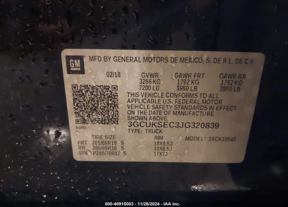 2018 CHEVROLET SILVERADO 1500 2LZ VIN: 3GCUKSEC3JG320839