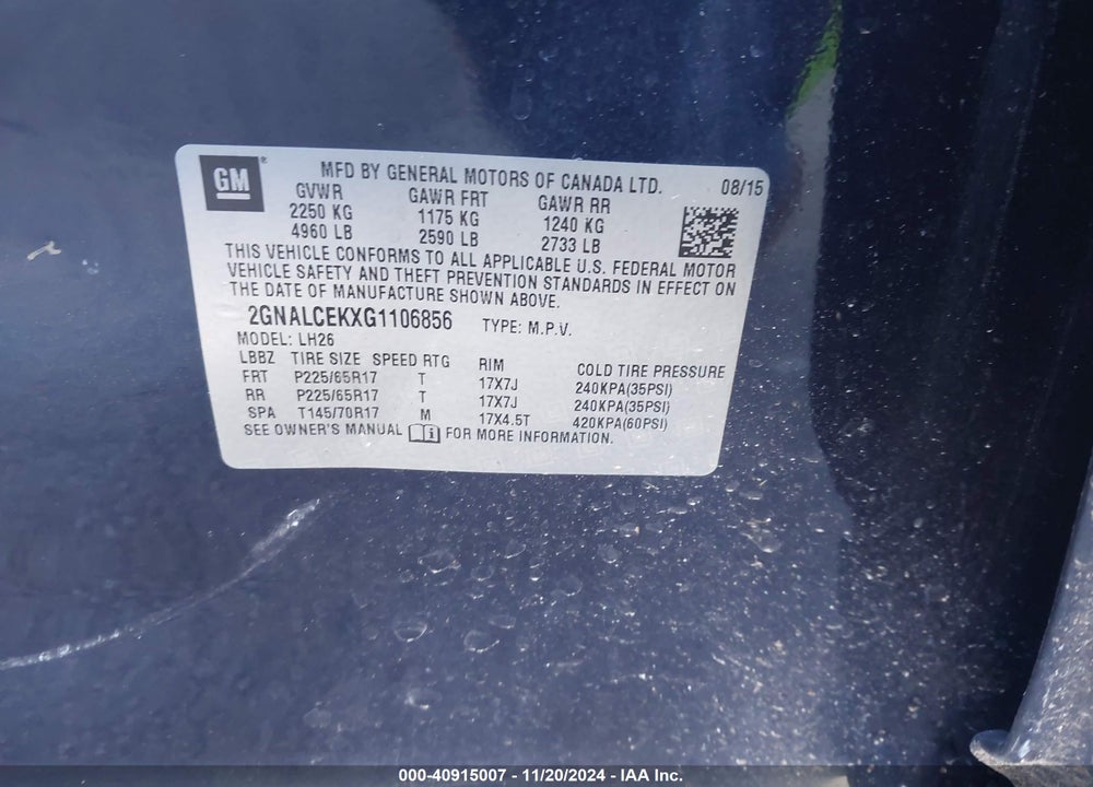 2016 CHEVROLET EQUINOX LT VIN: 2GNALCEKXG1106856