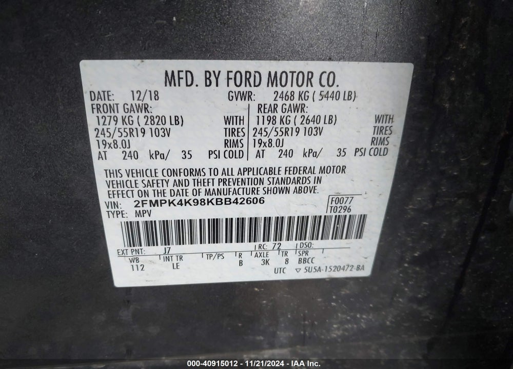 2019 FORD EDGE TITANIUM VIN: 2FMPK4K98KBB42606