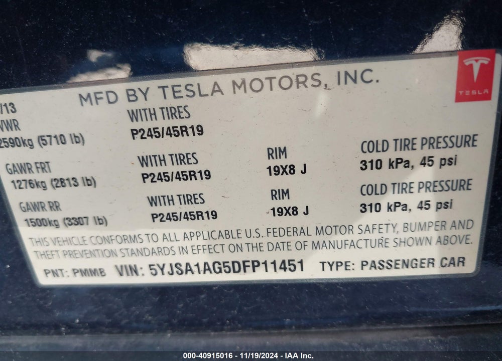 2013 TESLA MODEL S VIN: 5YJSA1AG5DFP11451