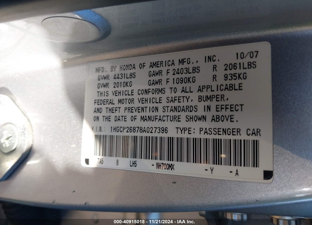 2008 HONDA ACCORD 2.4 EX-L VIN: 1HGCP26878A027396