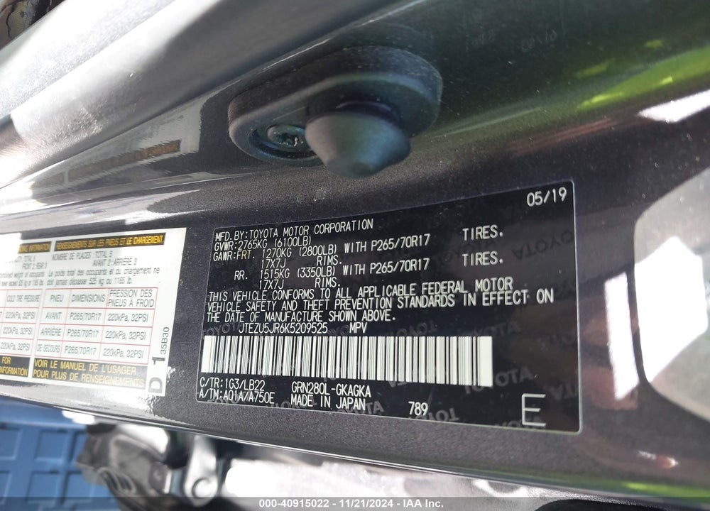 2019 TOYOTA 4RUNNER SR5 PREMIUM VIN: JTEZU5JR6K5209525