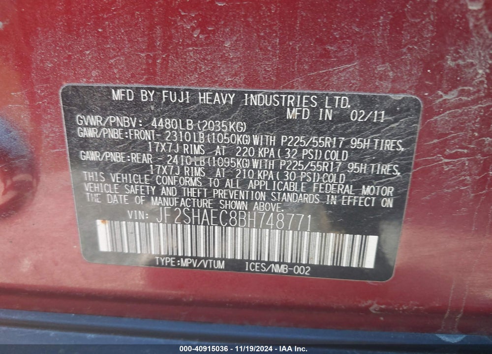 2011 SUBARU FORESTER 2.5X LIMITED VIN: JF2SHAEC8BH748771