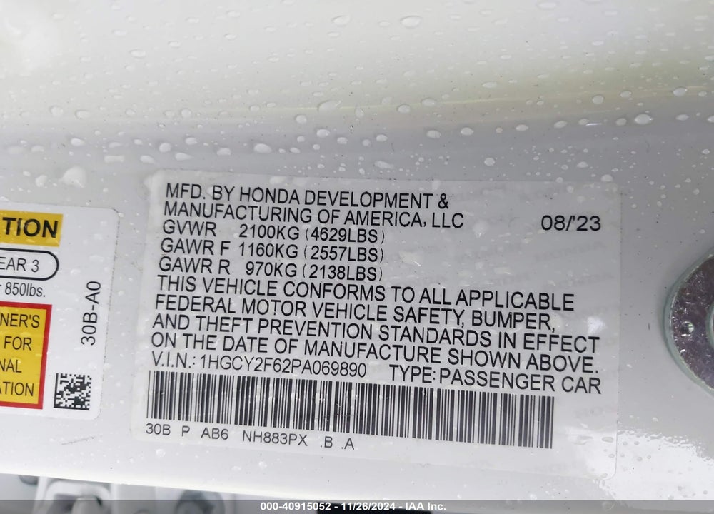 2023 HONDA ACCORD VIN: 1HGCY2F62PA069890