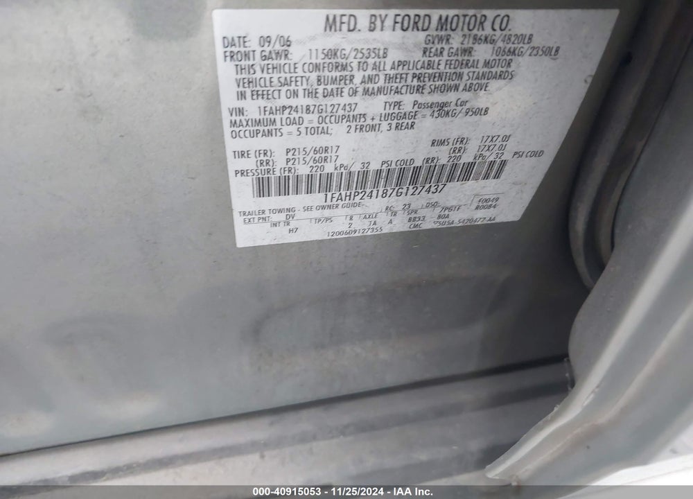 2007 FORD FIVE HUNDRED SEL VIN: 1FAHP24187G127437