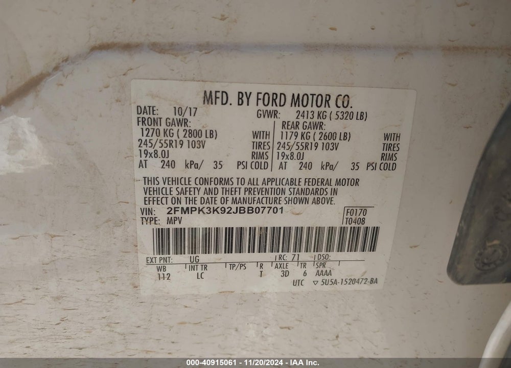 2018 FORD EDGE TITANIUM VIN: 2FMPK3K92JBB07701