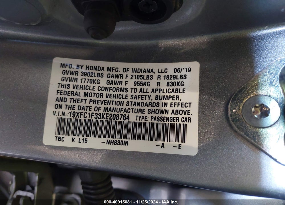 2019 HONDA CIVIC VIN: 19XFC1F33KE208764