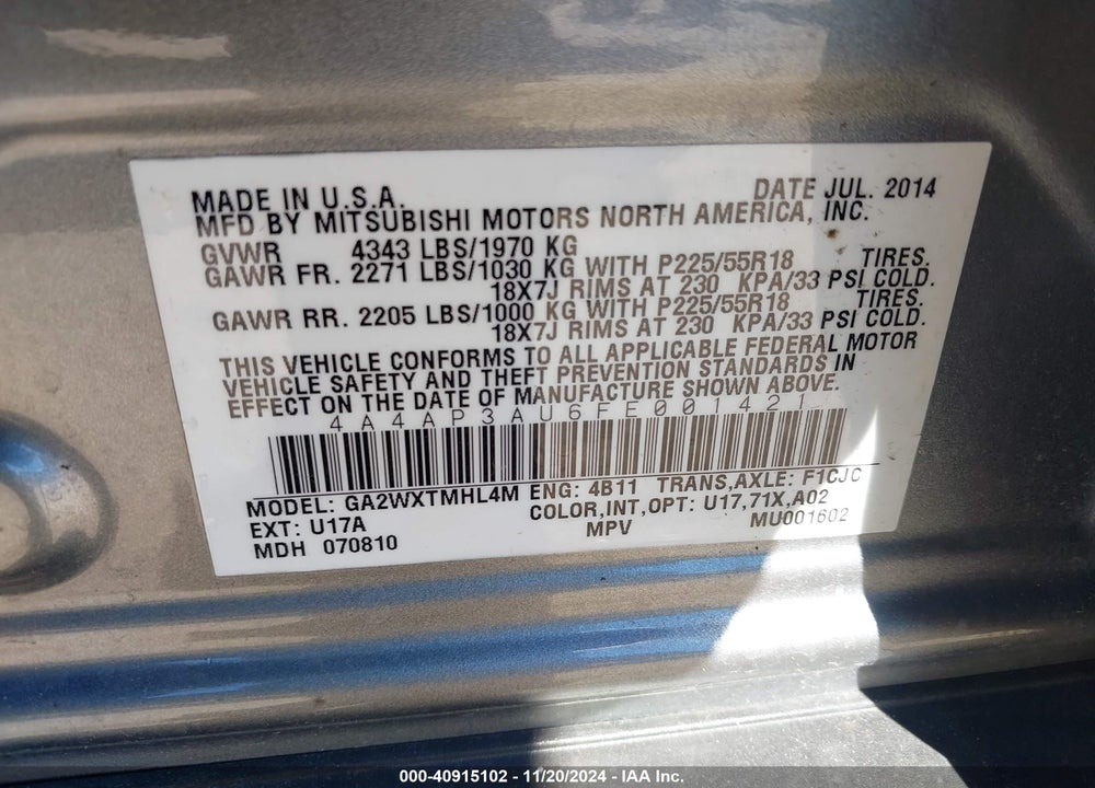 2015 MITSUBISHI OUTLANDER SPORT ES VIN: 4A4AP3AU6FE001421