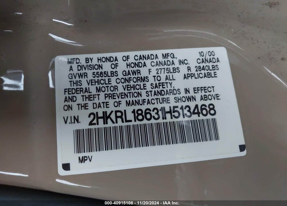 2001 HONDA ODYSSEY EX VIN: 2HKRL18631H513468