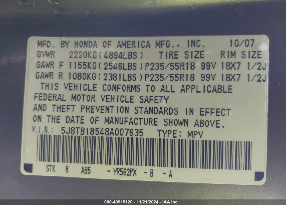 2008 ACURA RDX VIN: 5J8TB18548A007635