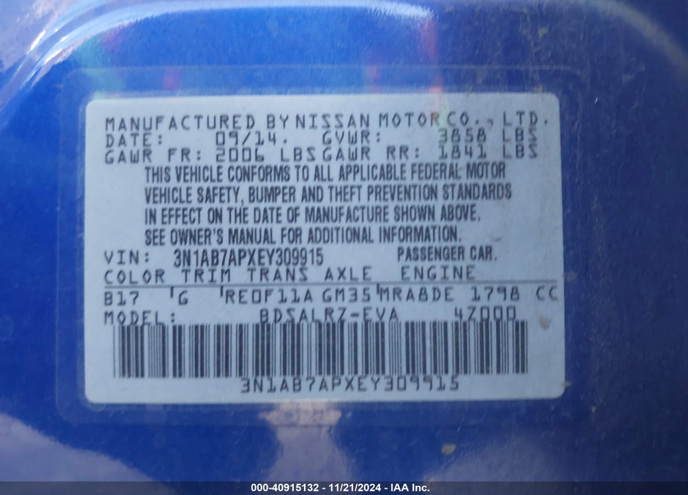 2014 NISSAN SENTRA SR VIN: 3N1AB7APXEY309915